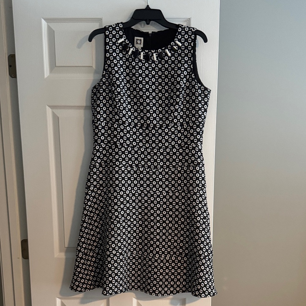 Anne Klein Black and White Jeweled Collar Patterned Aline Dress Size 12